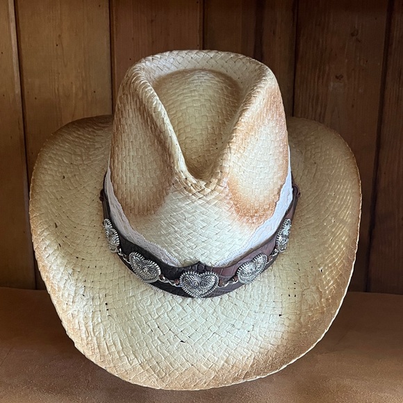 Fiesta Natural Burnout Western Straw Cowboy Hat with Brown Heart Band - Picture 4 of 5